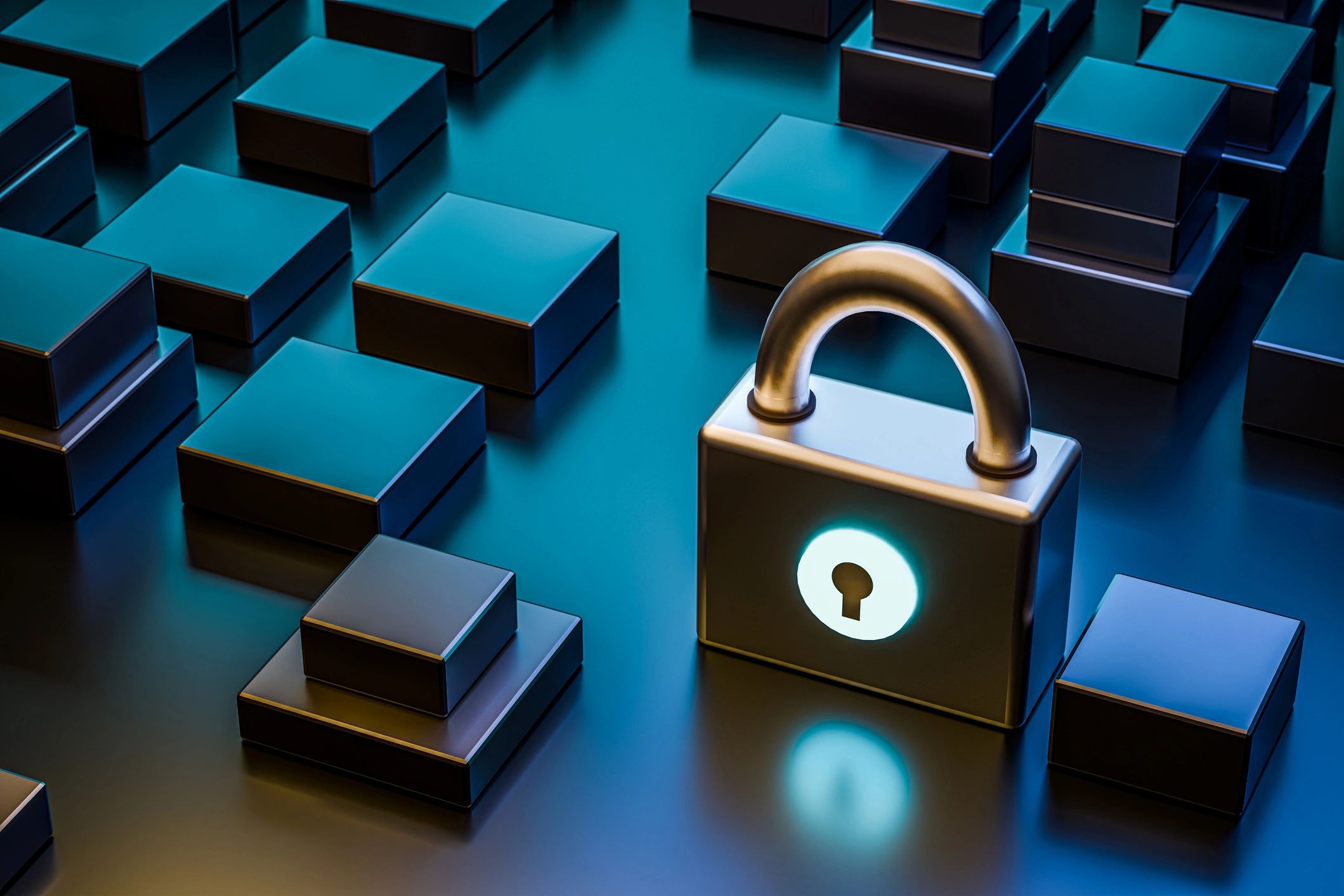 Digital padlock in a futuristic environment symbolizing secure data handling
